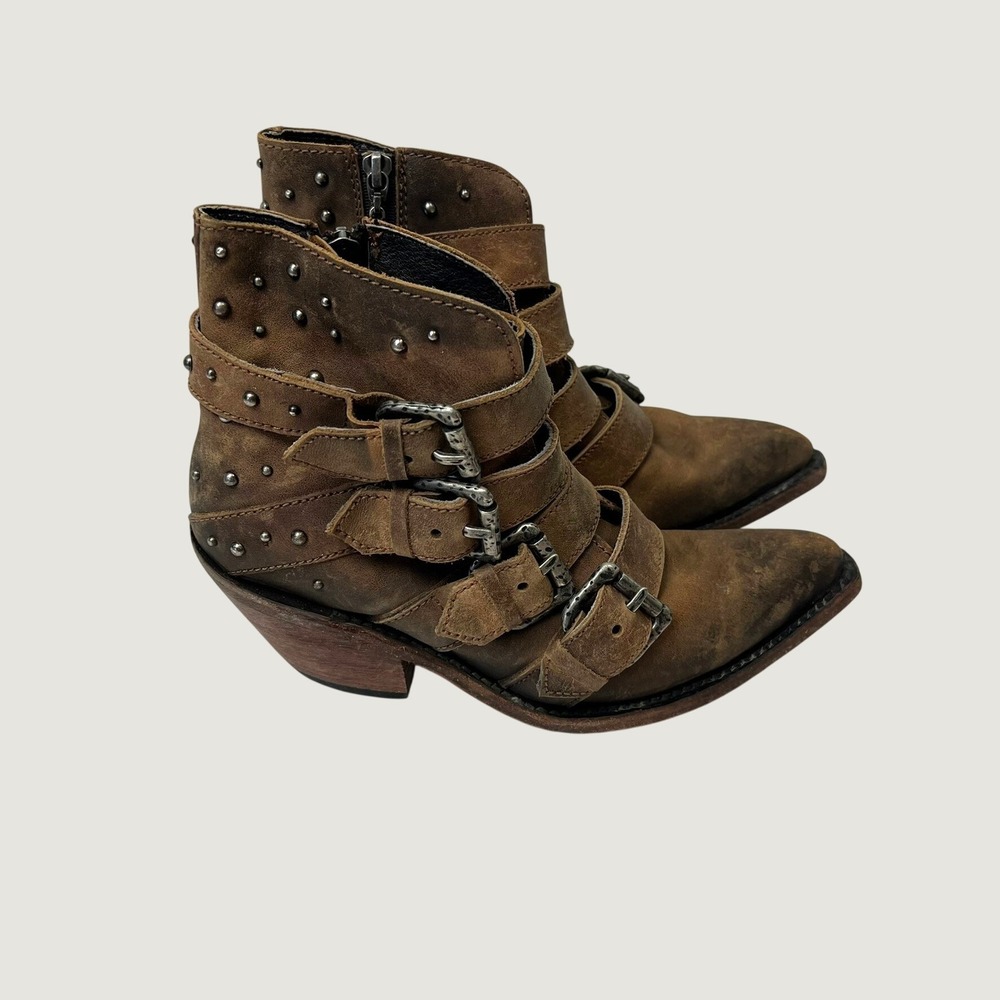 Liberty Distressed Rockabilly Western Brown Leather Studded Buckle Moto Boots 7